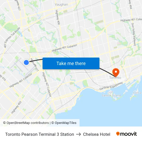 Toronto Pearson Terminal 3 Station to Chelsea Hotel map