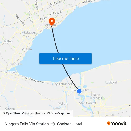Niagara Falls Via Station to Chelsea Hotel map
