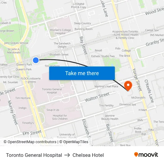 Toronto General Hospital to Chelsea Hotel map