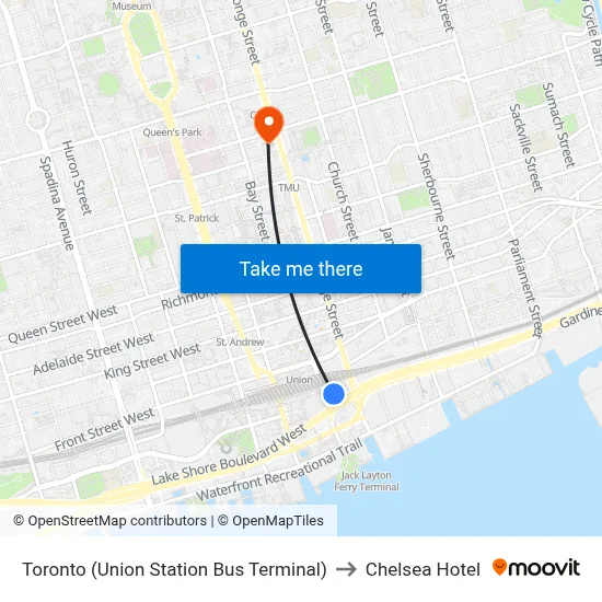 Toronto (Union Station Bus Terminal) to Chelsea Hotel map
