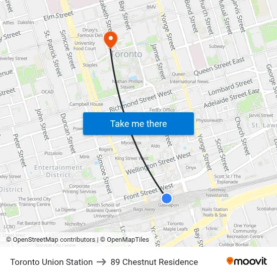 Toronto Union Station to 89 Chestnut Residence map