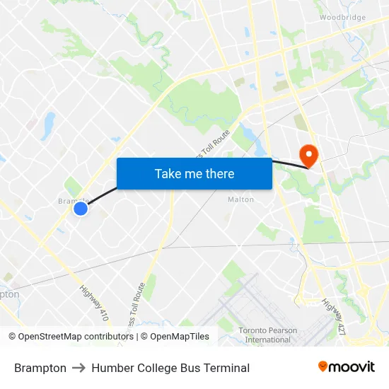 Brampton to Humber College Bus Terminal map