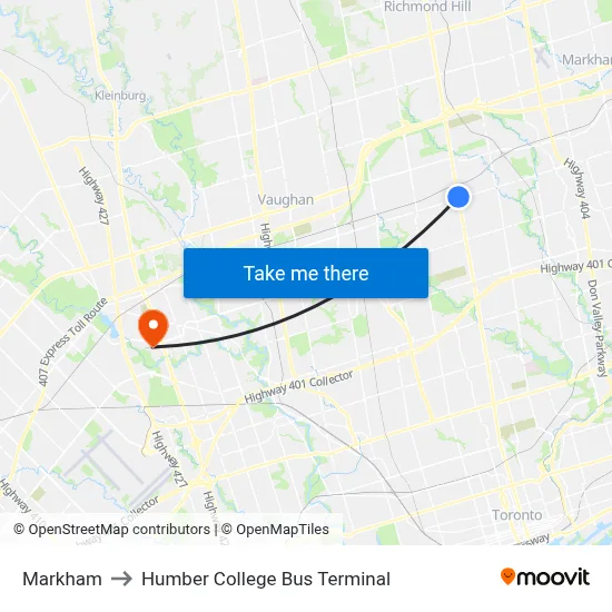 Markham to Humber College Bus Terminal map