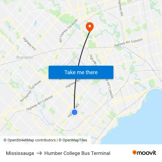 Mississauga to Humber College Bus Terminal map