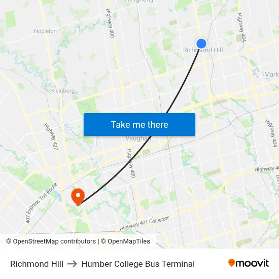 Richmond Hill to Humber College Bus Terminal map