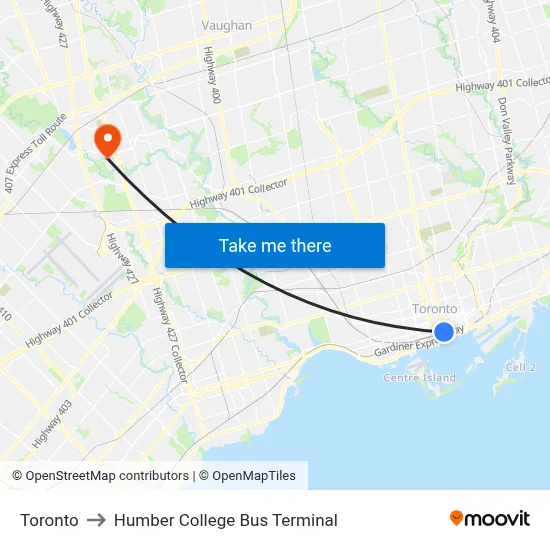 Toronto to Humber College Bus Terminal map