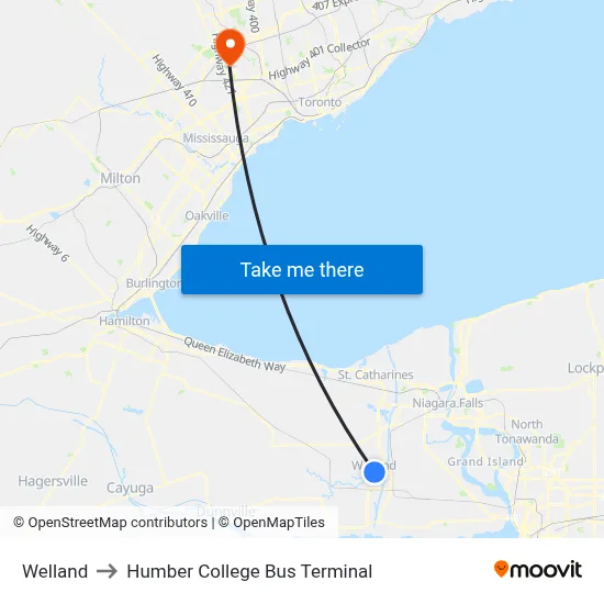 Welland to Humber College Bus Terminal map