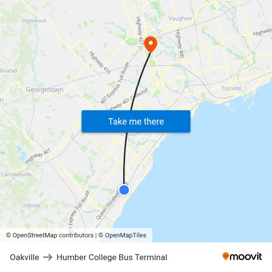 Oakville to Humber College Bus Terminal map