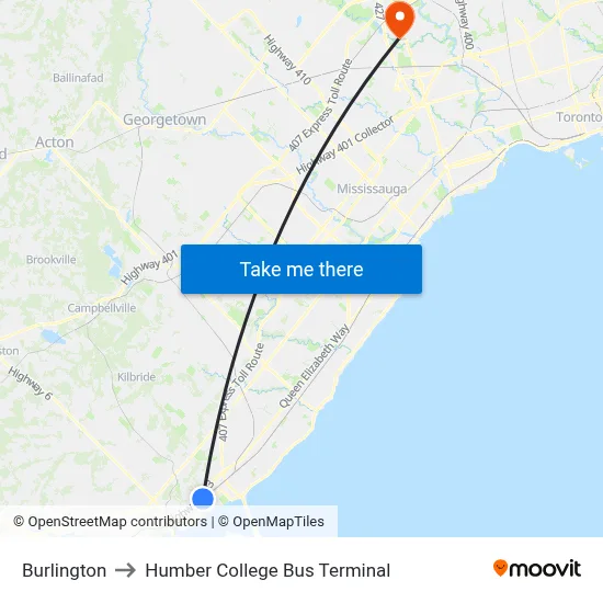 Burlington to Humber College Bus Terminal map