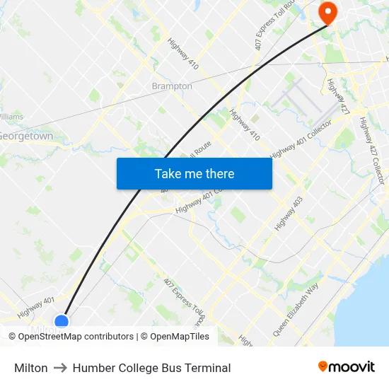 Milton to Humber College Bus Terminal map