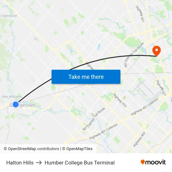 Halton Hills to Humber College Bus Terminal map