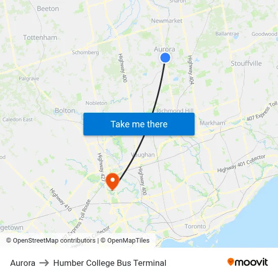 Aurora to Humber College Bus Terminal map