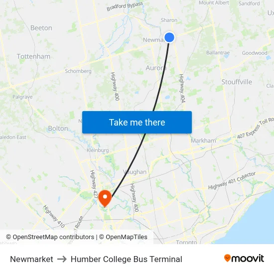 Newmarket to Humber College Bus Terminal map