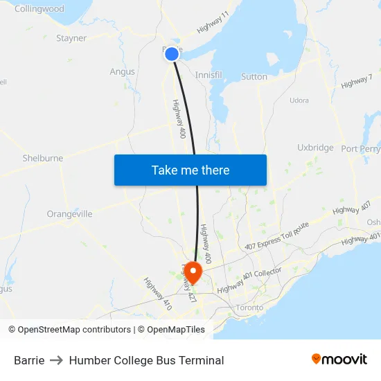 Barrie to Humber College Bus Terminal map