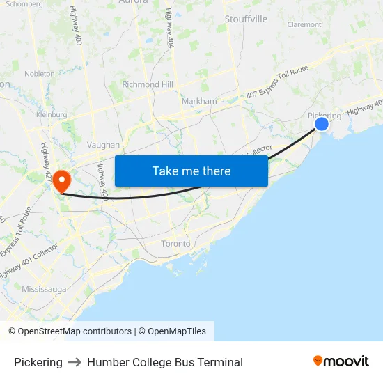 Pickering to Humber College Bus Terminal map