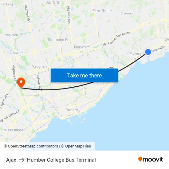 Ajax to Humber College Bus Terminal map