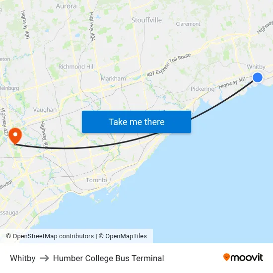 Whitby to Humber College Bus Terminal map