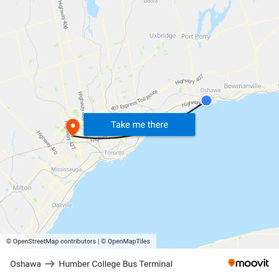 Oshawa to Humber College Bus Terminal map