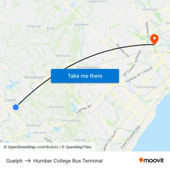 Guelph to Humber College Bus Terminal map