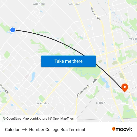 Caledon to Humber College Bus Terminal map