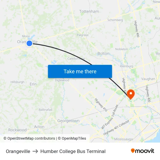 Orangeville to Humber College Bus Terminal map