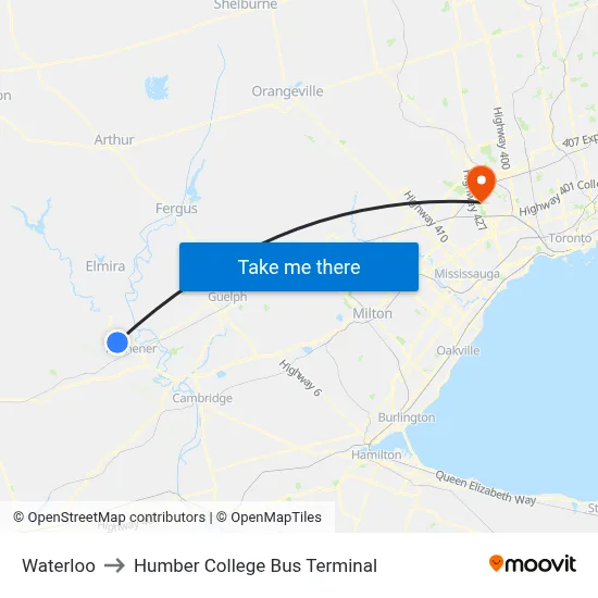 Waterloo to Humber College Bus Terminal map