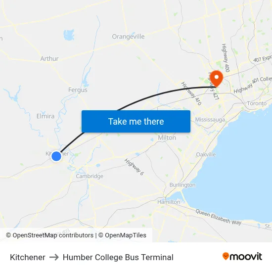 Kitchener to Humber College Bus Terminal map