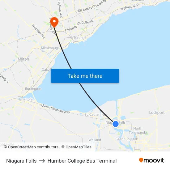 Niagara Falls to Humber College Bus Terminal map