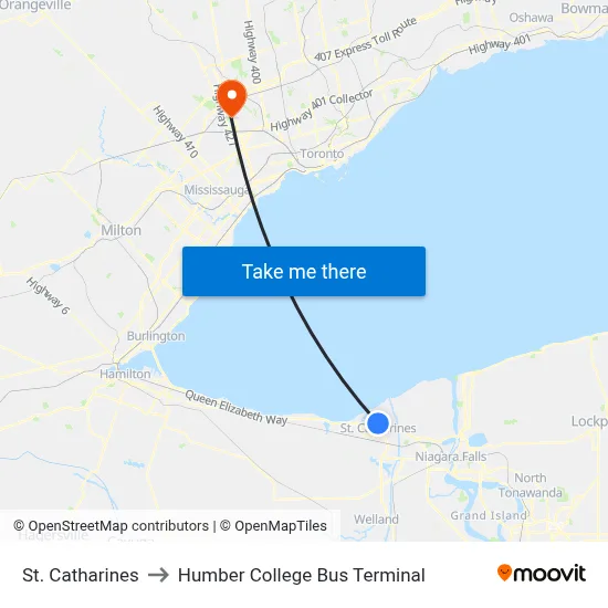 St. Catharines to Humber College Bus Terminal map