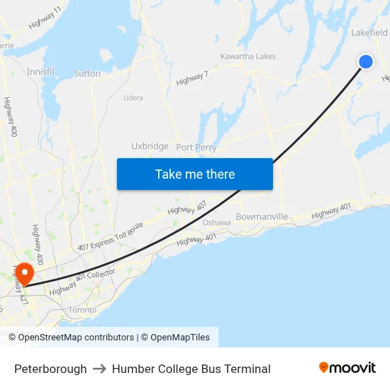 Peterborough to Humber College Bus Terminal map