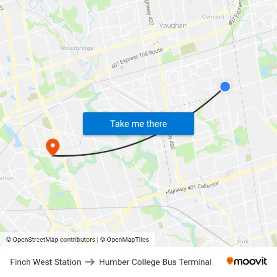 Finch West Station to Humber College Bus Terminal map