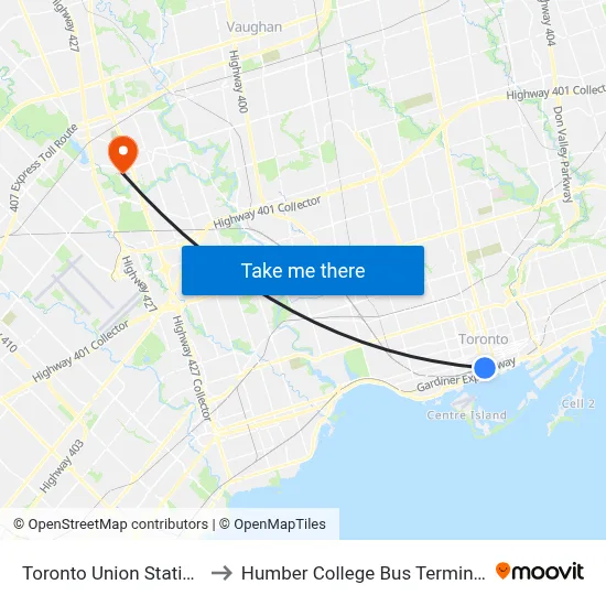 Toronto Union Station to Humber College Bus Terminal map