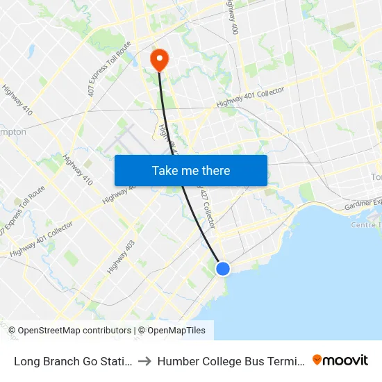Long Branch Go Station to Humber College Bus Terminal map
