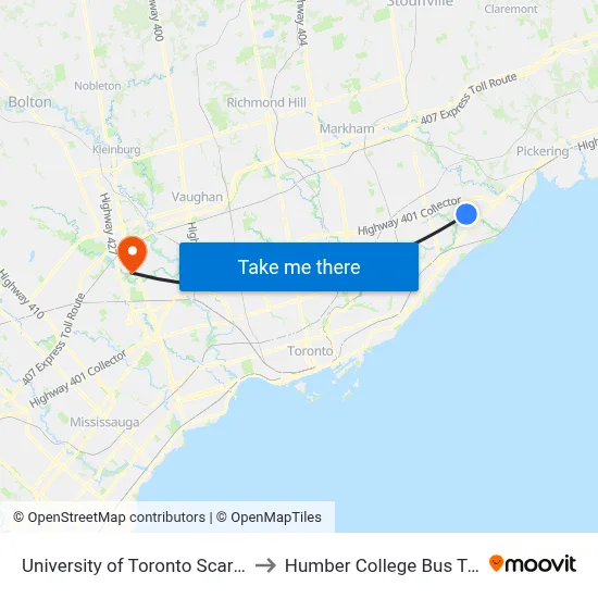 University of Toronto Scarborough to Humber College Bus Terminal map