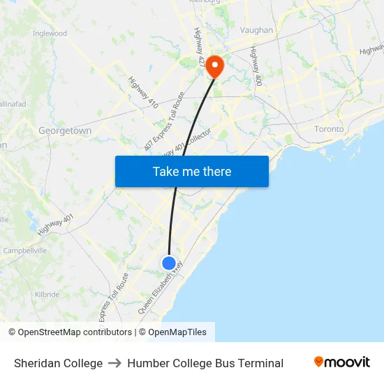 Sheridan College to Humber College Bus Terminal map