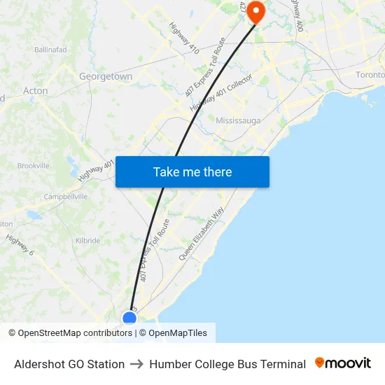 Aldershot GO Station to Humber College Bus Terminal map