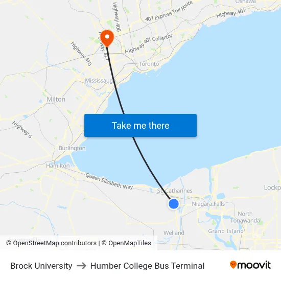 Brock University to Humber College Bus Terminal map