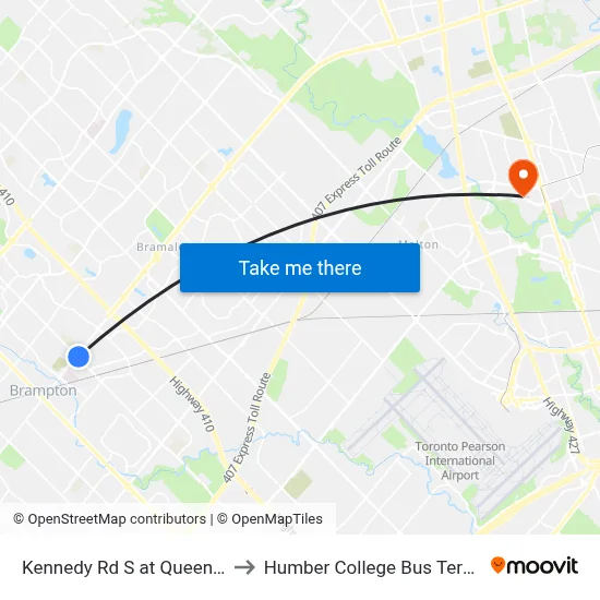 Kennedy Rd S at Queen St E to Humber College Bus Terminal map