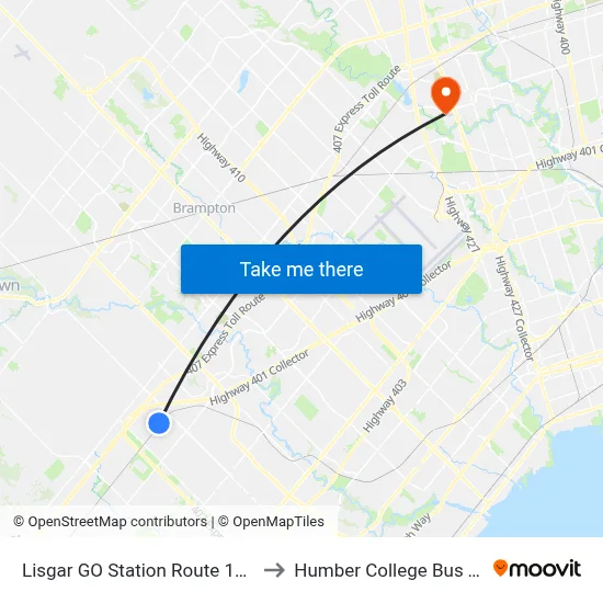 Lisgar GO Station Route 11 511 Stop to Humber College Bus Terminal map