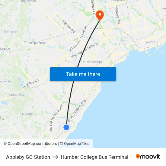 Appleby GO Station to Humber College Bus Terminal map