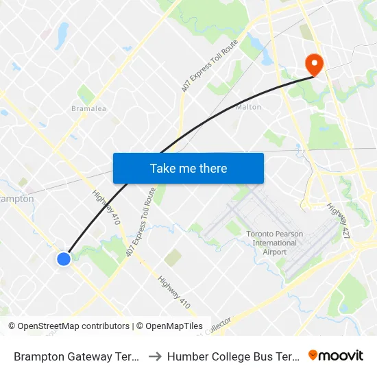 Brampton Gateway Terminal to Humber College Bus Terminal map