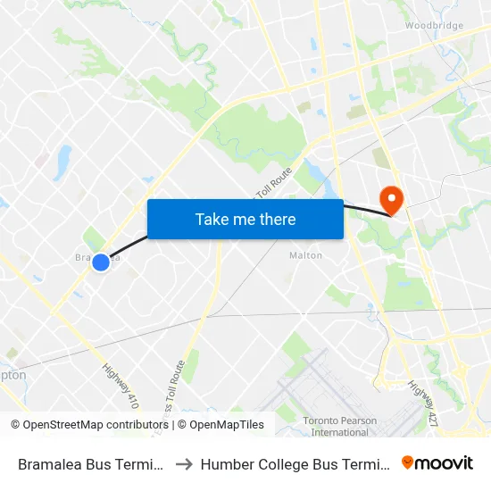 Bramalea Bus Terminal to Humber College Bus Terminal map