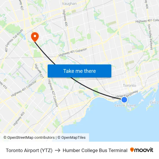 Toronto Airport (YTZ) to Humber College Bus Terminal map