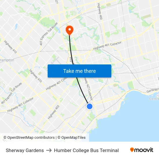 Sherway Gardens to Humber College Bus Terminal map