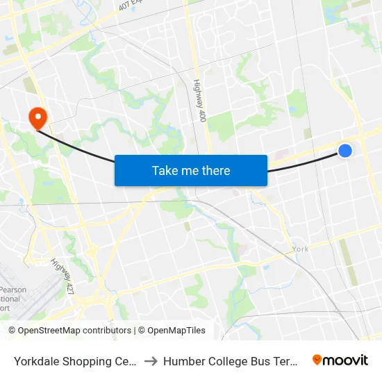 Yorkdale Shopping Centre to Humber College Bus Terminal map
