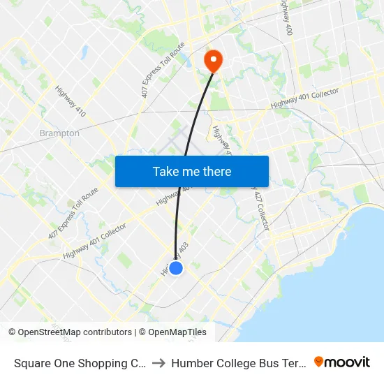 Square One Shopping Centre to Humber College Bus Terminal map