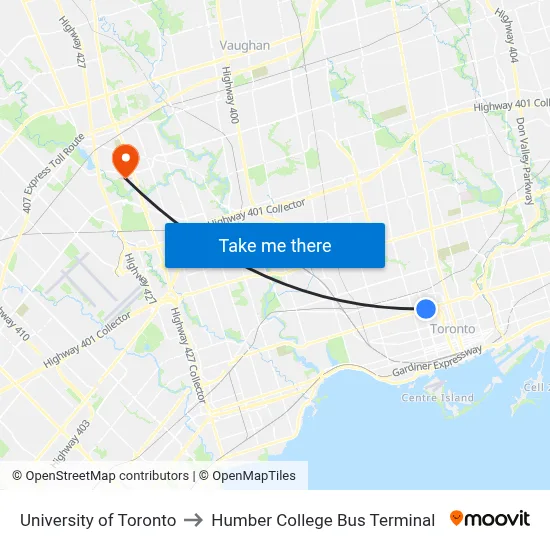 University of Toronto to Humber College Bus Terminal map
