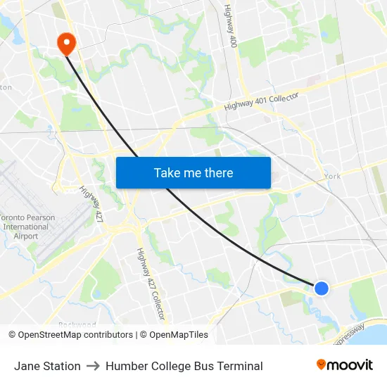 Jane Station to Humber College Bus Terminal map