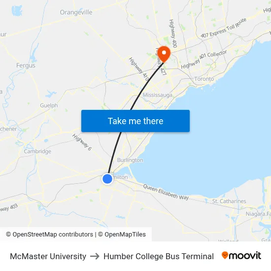 McMaster University to Humber College Bus Terminal map