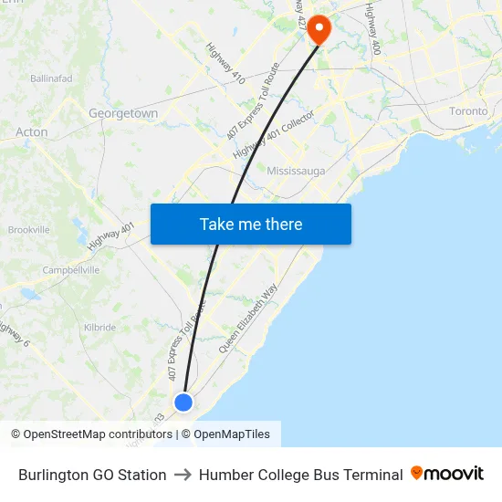 Burlington GO Station to Humber College Bus Terminal map